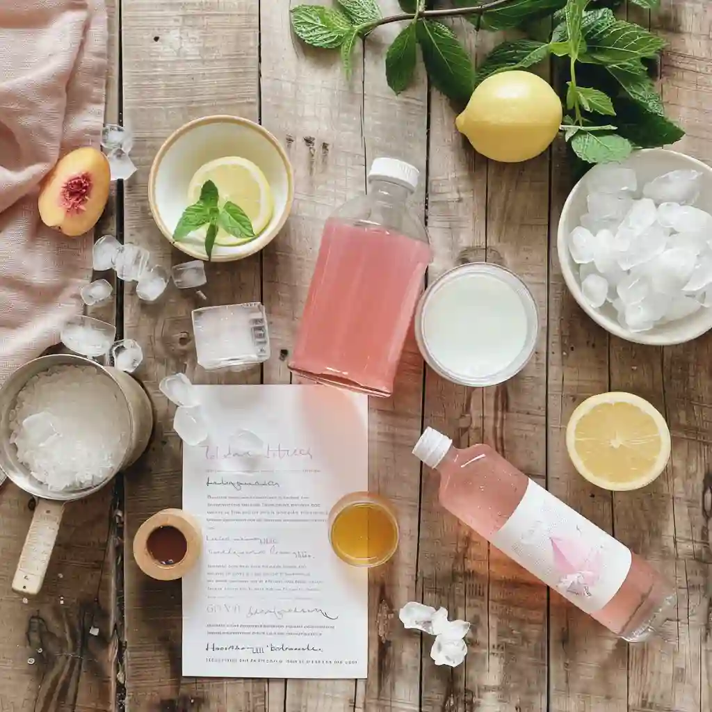 Overhead flatlay of pink lotus drink ingredients: lotus concentrate bottle, sparkling water can, ice bowl, lemon, mint, coconut milk, peach syrup, and a measuring jigger