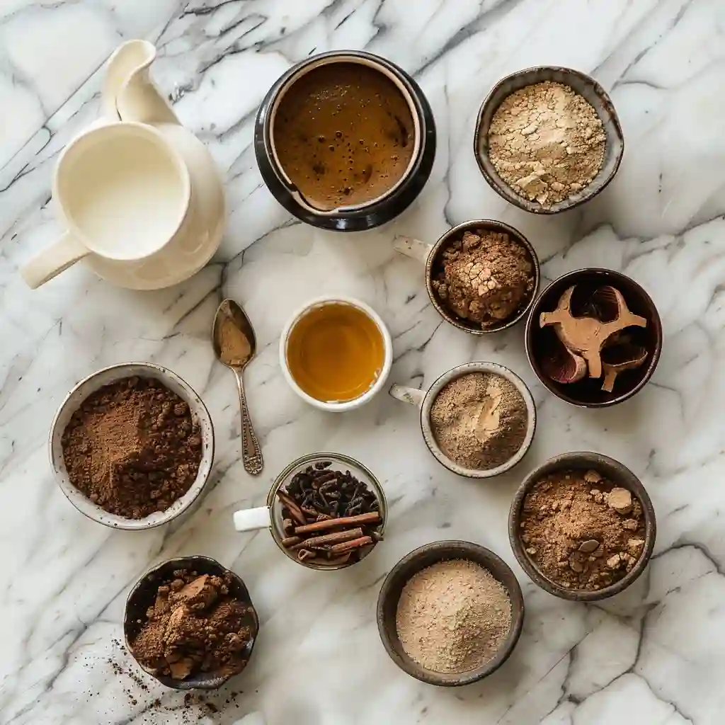 Overhead flatlay of RYZE coffee ingredients measured out in small bowls and spoons