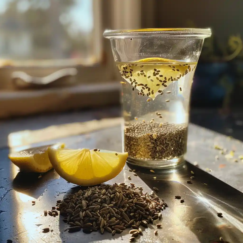 Overnight seed water made from the bariatric seed mix in a clear glass with lemon