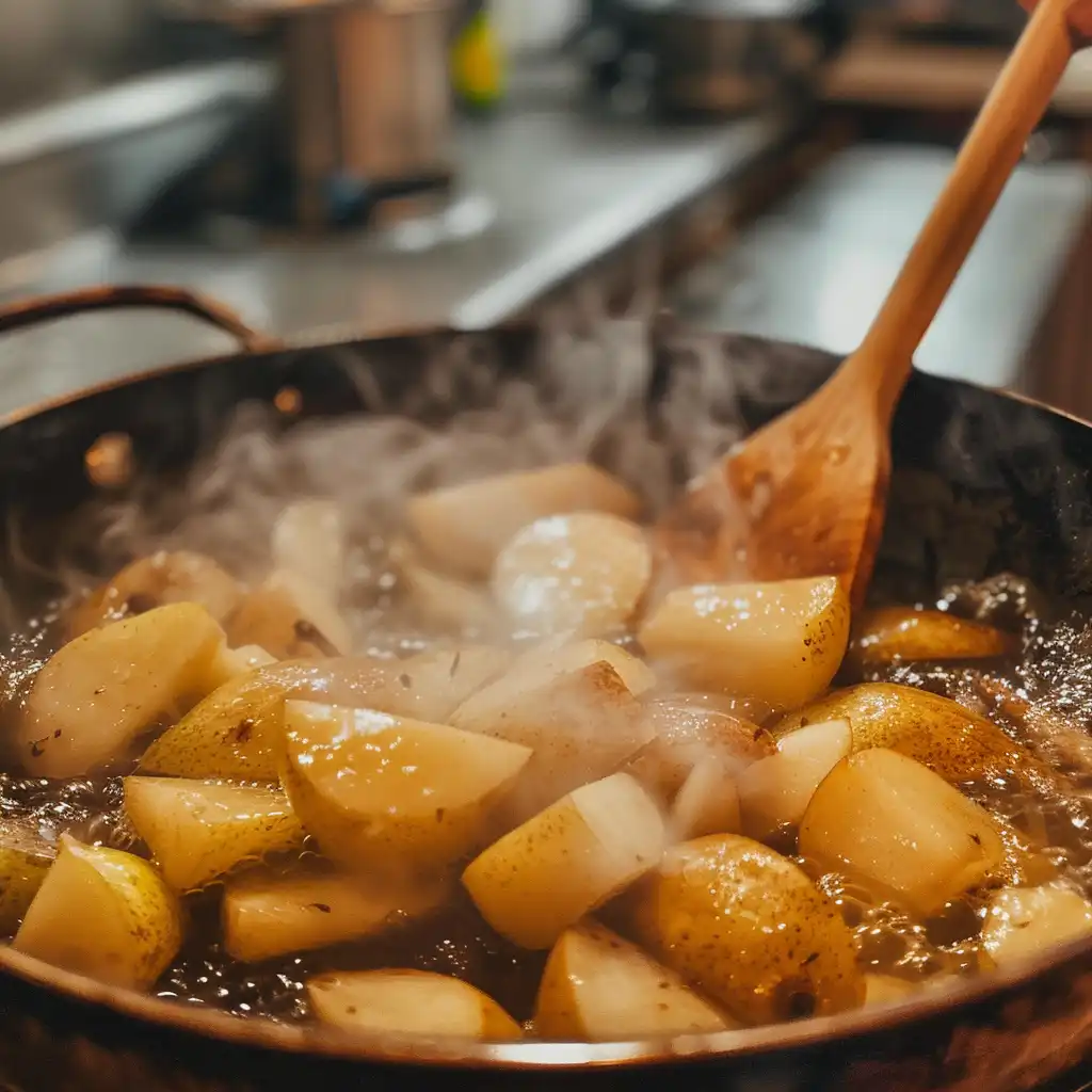 Pears simmering in a pot to extract juice for pear jelly