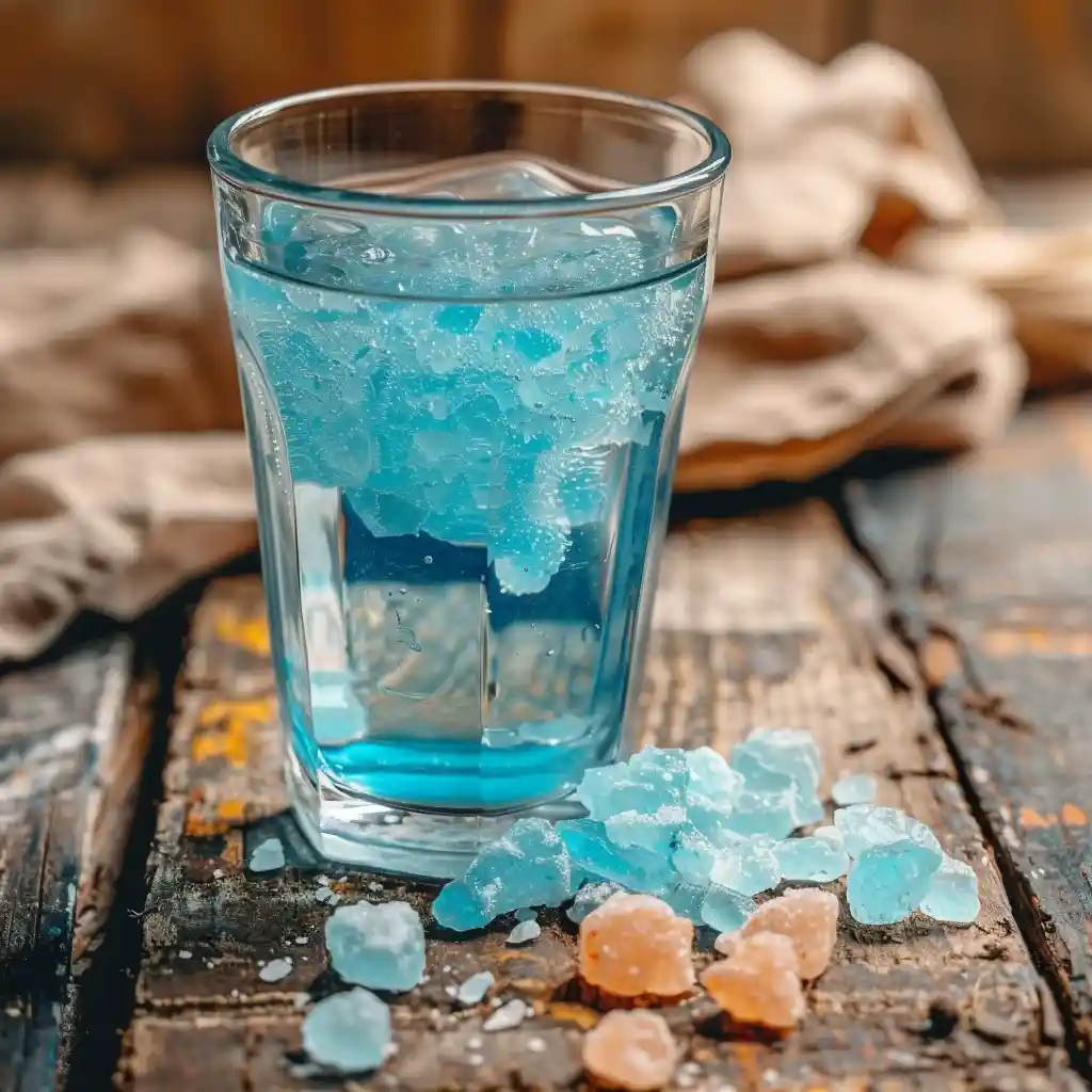 Persian blue salt water in a clear glass with natural sunlight highlighting mineral tones