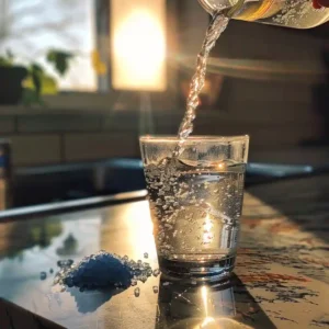 Pinch of Persian blue salt being measured over a small wooden bowl
