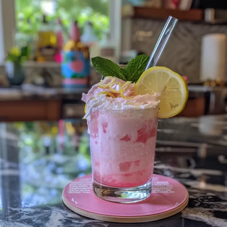 Pink lotus drink in a clear glass with ice, fizzing bubbles, and visible ingredients—lotus concentrate, sparkling water, lemon, mint, and syrups on a kitchen counter