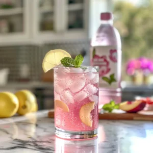 Pink lotus drink served with a coconut swirl, lemon wheel, mint, and a reusable straw on a coaster