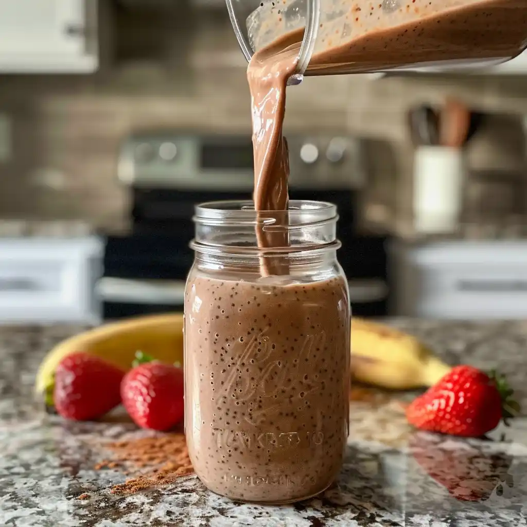 Pouring a thick strawberry-banana chia smoothie from the blender into a mason jar