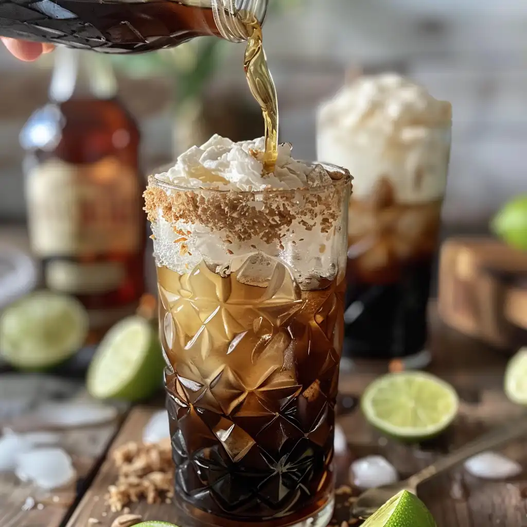 Pouring coconut cream into cola with lime over pebble ice—first preparation step