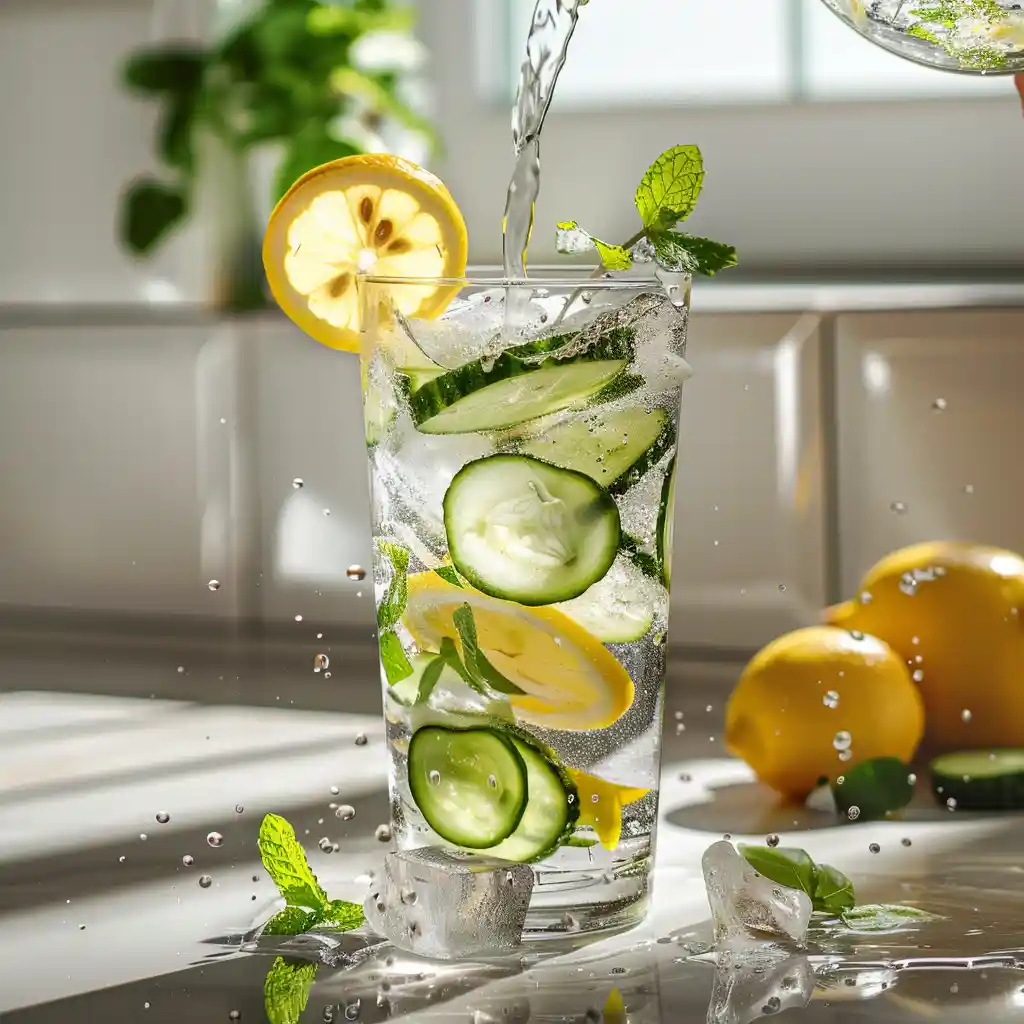 Pouring cold filtered water into a glass with lemon, cucumber, and mint – start of the 7 second ice water hack