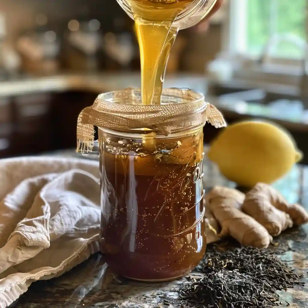 Pouring cooled sweet tea into a glass jar with a waiting SCOBY for kombucha