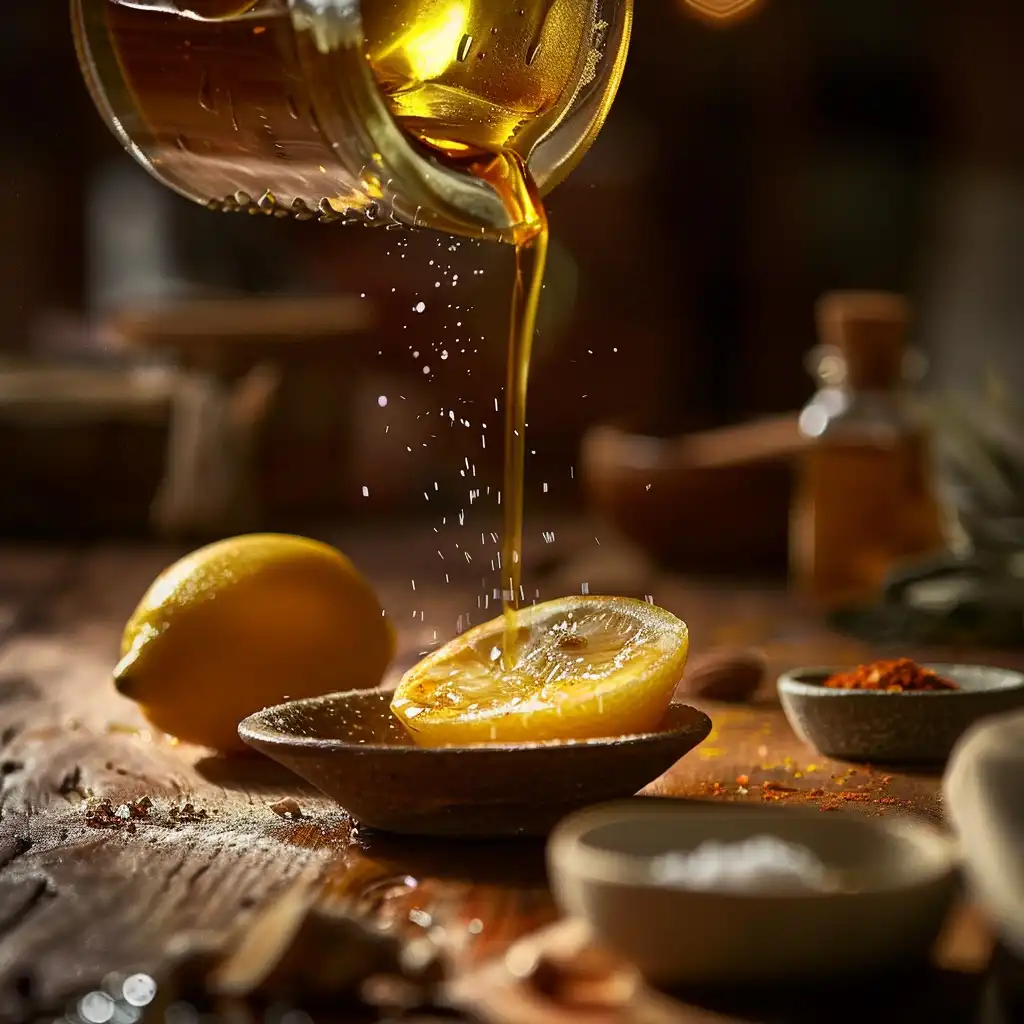 Pouring extra virgin olive oil into a ceramic spoon over a small glass, lemons and spices nearby