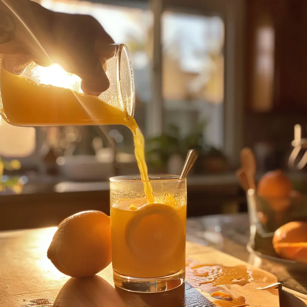 Pouring fresh orange juice into a glass to make an adrenal cocktail