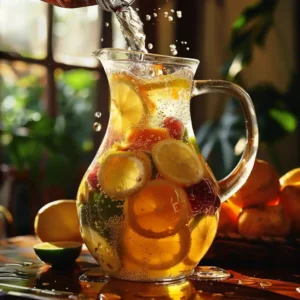Pouring fruit juices into a pitcher to prepare fruit punch soda