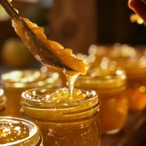 Pouring hot pear jelly into sterilized jars with a ladle