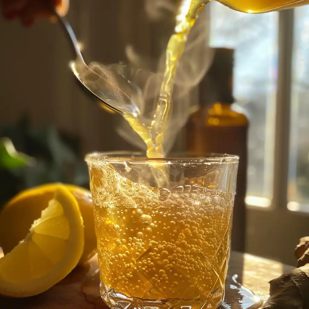 Pouring hot water into bloomed gelatin while stirring with lemon and ACV nearby