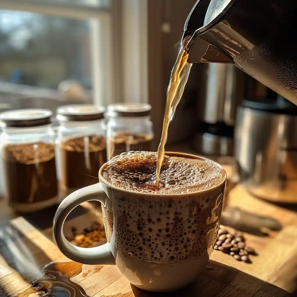 Pouring hot water into a mug with RYZE mushroom coffee while whisking—splash captured mid-pour