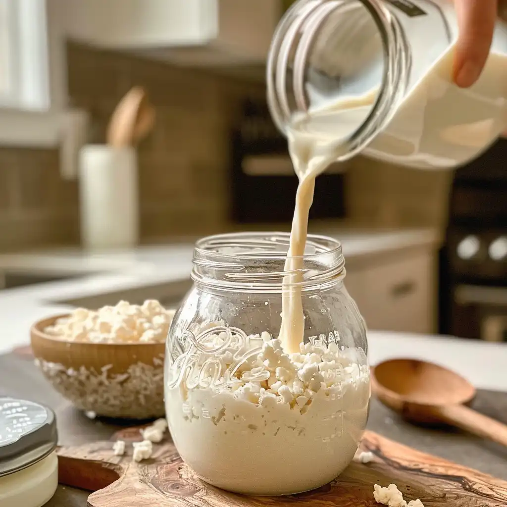 Pouring milk over kefir grains into a glass jar to start fermentation