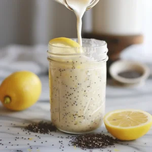 Pouring plain kefir into a jar with ingredients nearby