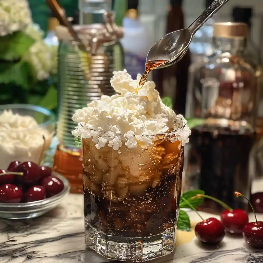 Pouring raspberry syrup into a glass of crushed ice to start an Italian soda