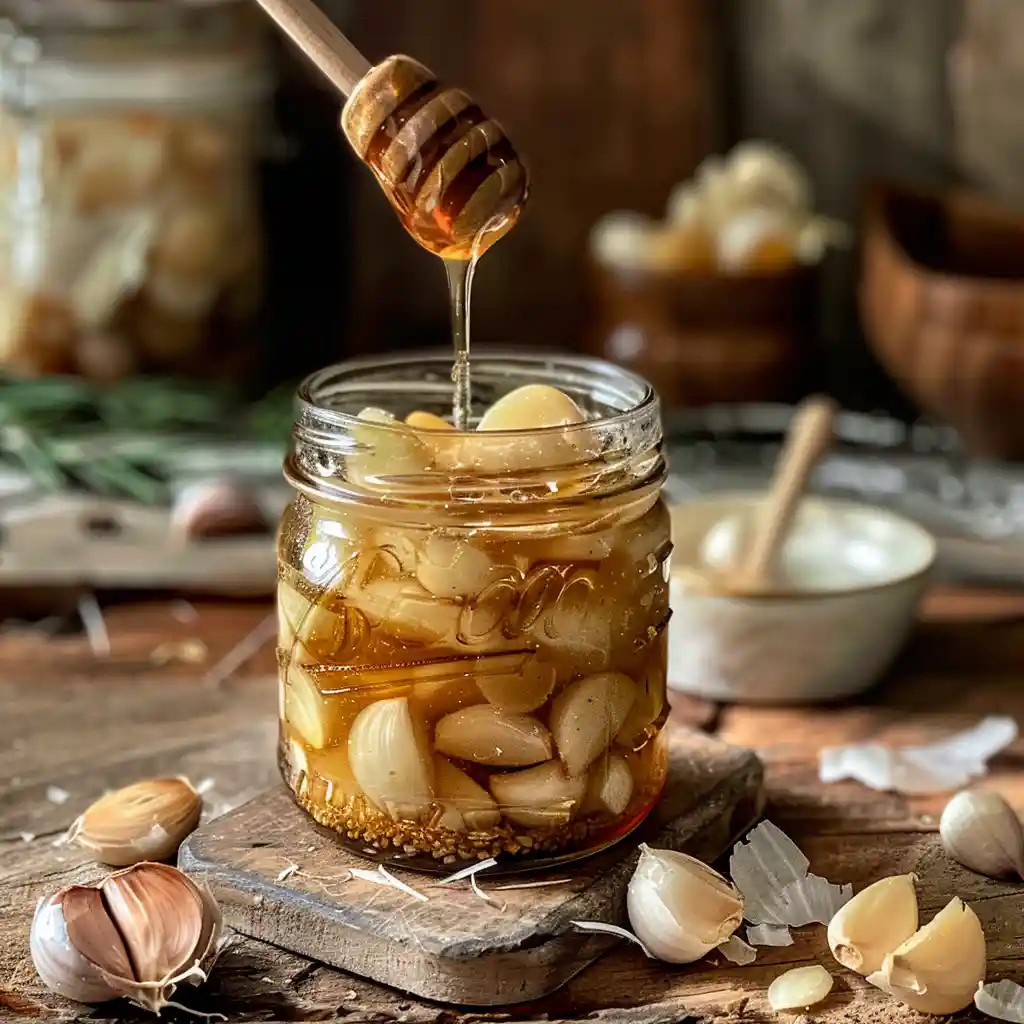 Pouring raw honey over peeled garlic cloves in a glass jar