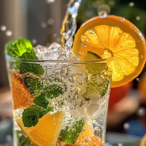 Pouring sparkling water into citrus juice and mint for homemade soda