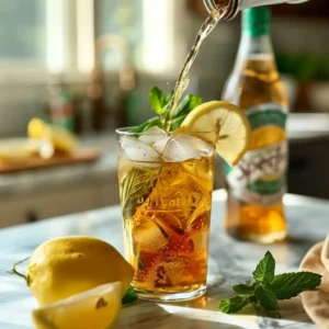Pouring Sprite into chilled brewed tea over ice