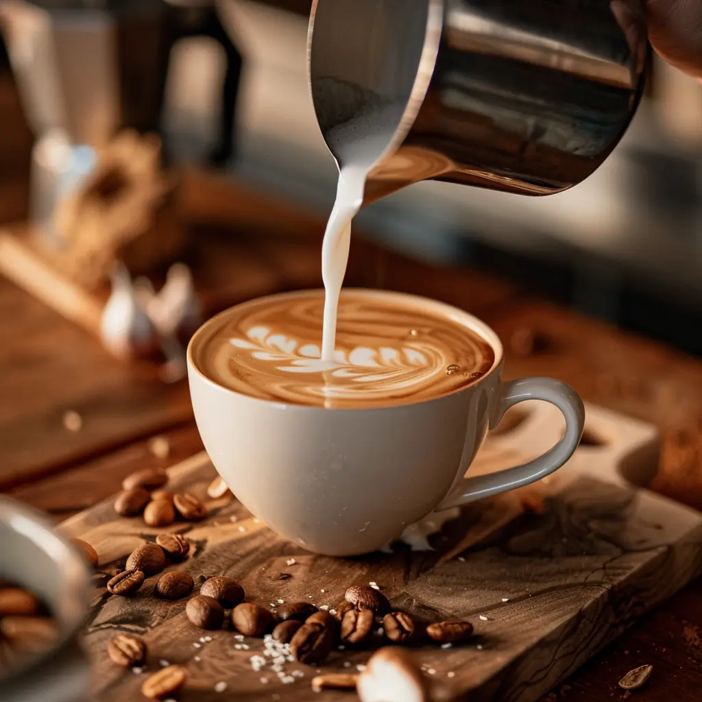 Pouring steamed almond milk into a cup of Ryze mushroom coffee with visible foam and cinnamon