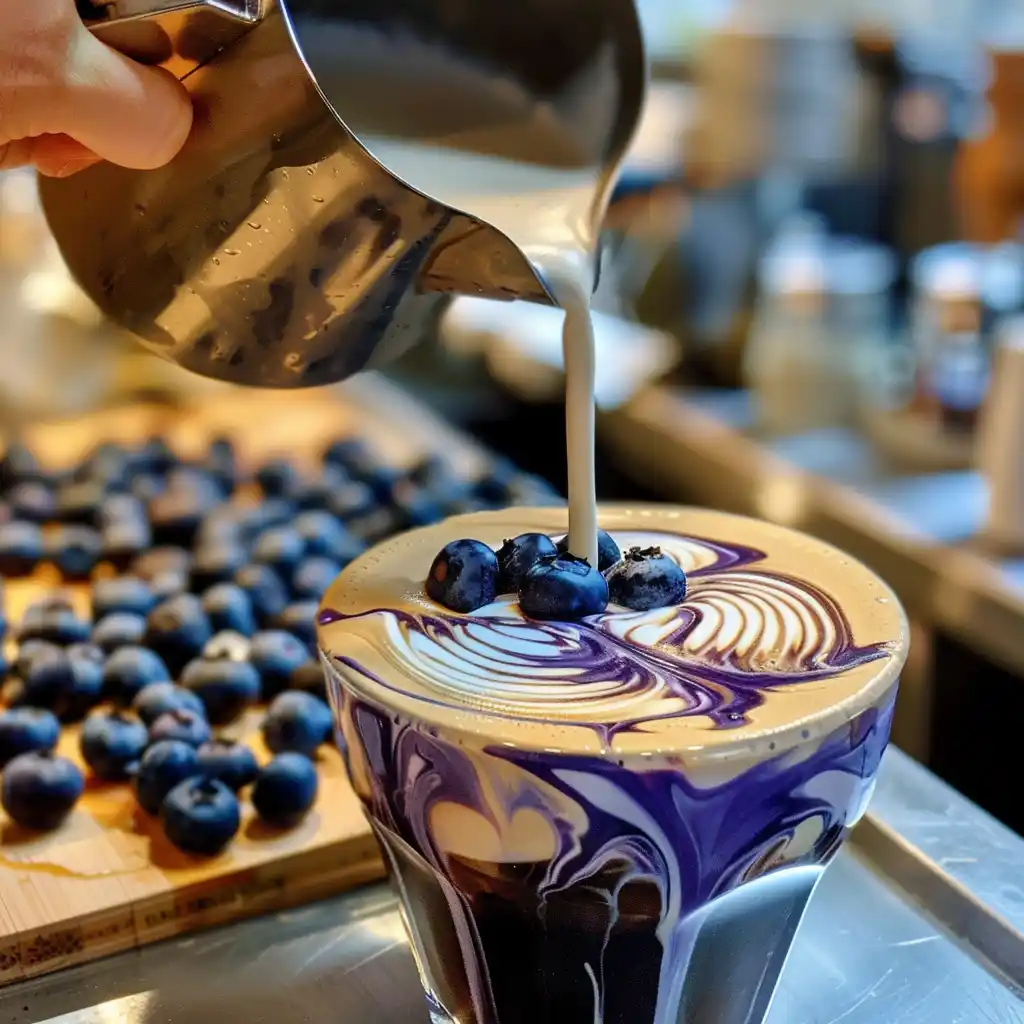 Pouring steamed milk into espresso layered over blueberry syrup to create a marbled effect