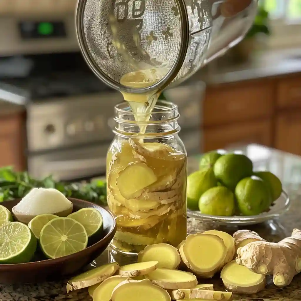 Pouring the fermented mix through a funnel into a swing-top bottle, tools and ingredients on the counter
