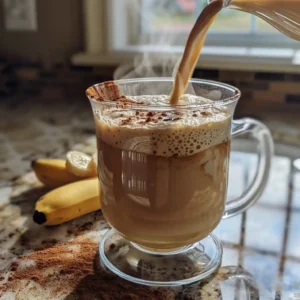 Pouring warm banana milk over espresso with cinnamon on top
