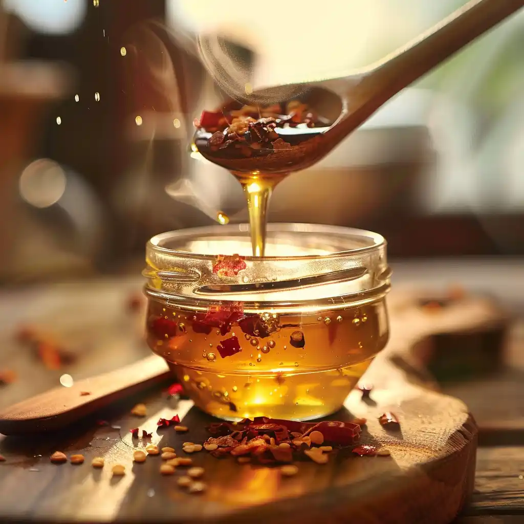 Pouring warm honey into a glass jar with visible chili flakes