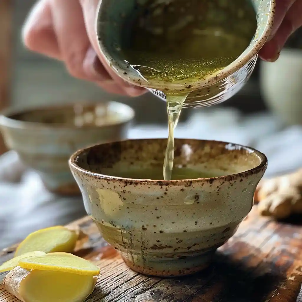 Pouring warm water into a mug for Japanese Mounjaro recipe preparation