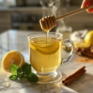 Pouring warm water into mug for honey memory drink