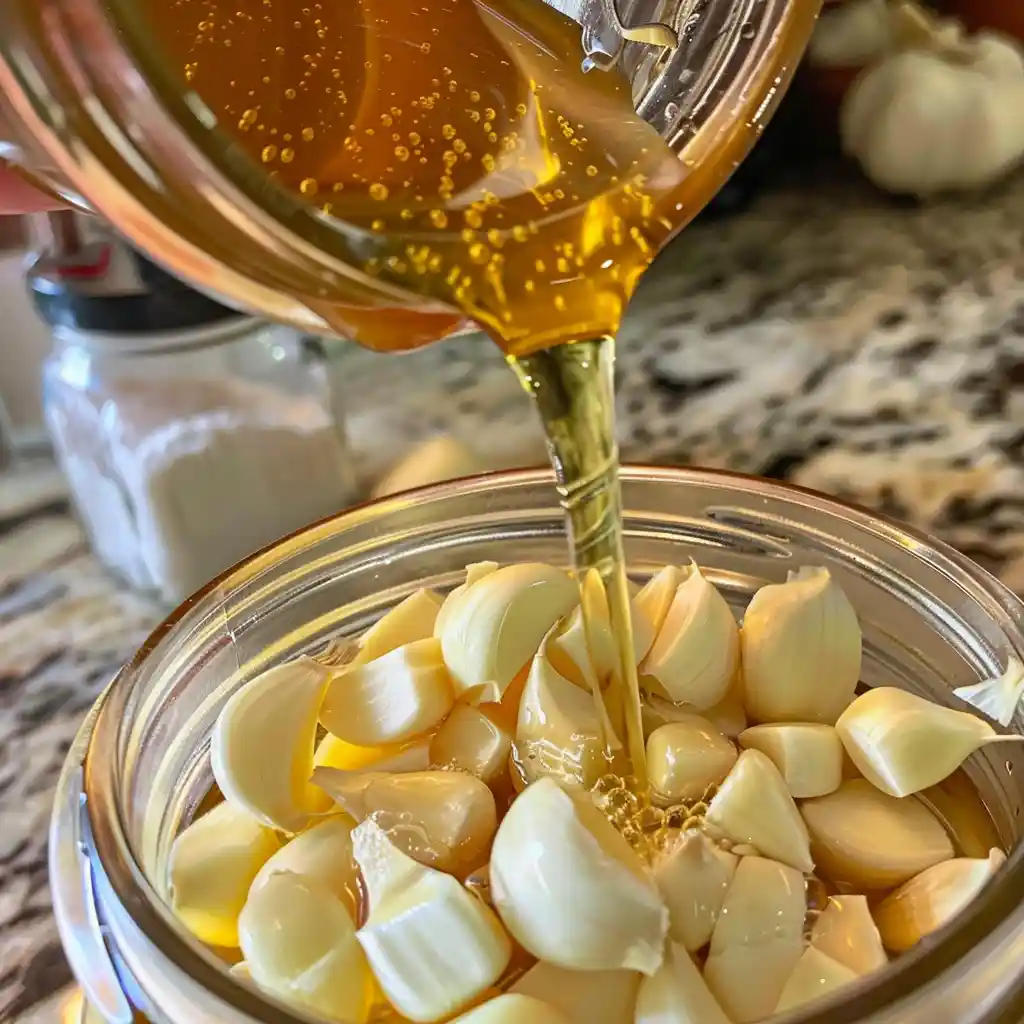Preparation step 2 – pouring raw honey over peeled garlic cloves in a jar