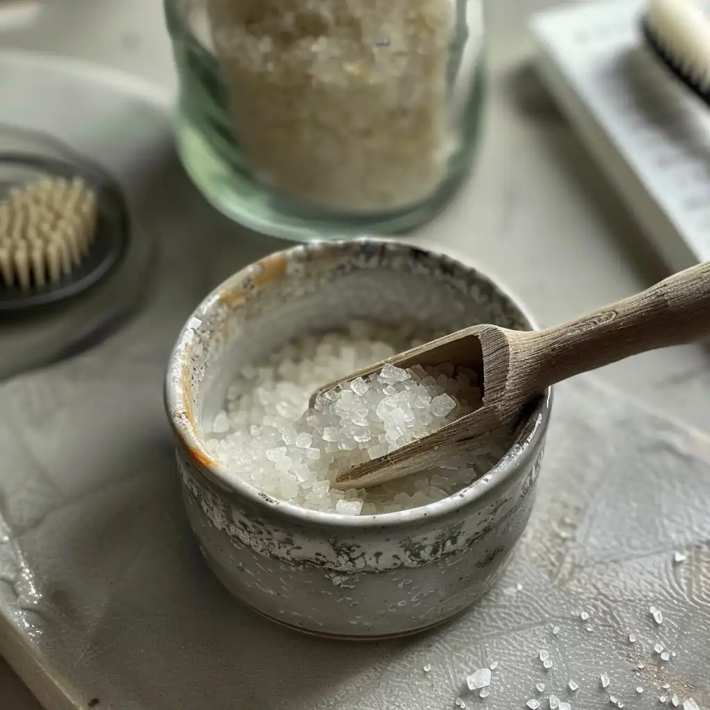 Preparation step 2—measuring less than 1/8 teaspoon of grey Celtic sea salt from a jar into a small pinch bowl