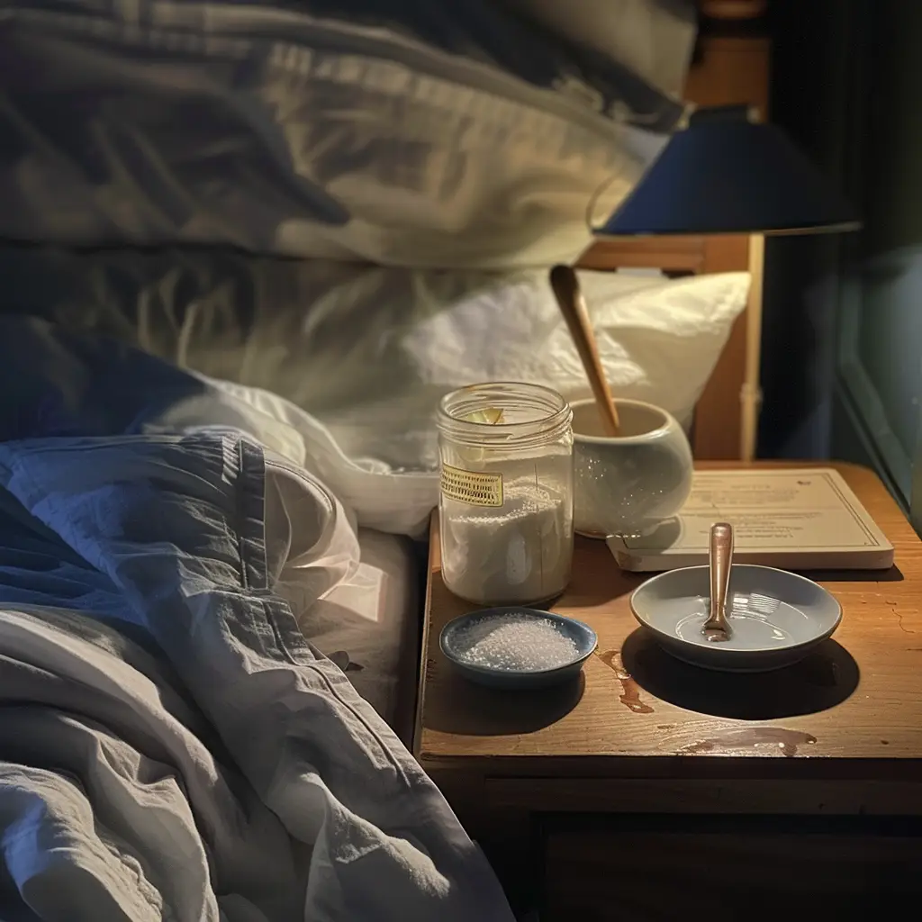 Preparation step 3—calm breathing on the bed edge while the salt dissolves; nightstand shows salt jar, pinch bowl, and water