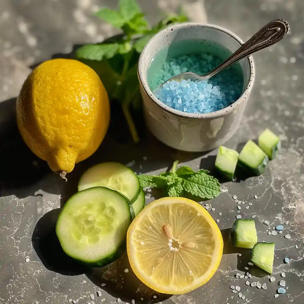 Preparation step – sprinkling Persian blue salt into warm water with lemon nearby