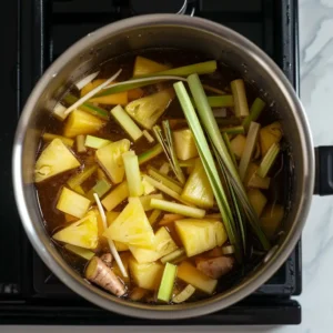 Prepping pineapple peel and ginger for Costa Rican tea on a cutting board