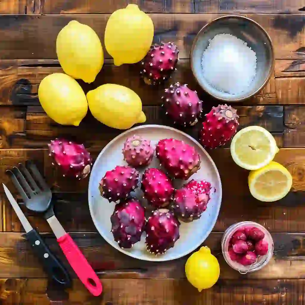 Prickly pear fruits, sugar, lemon, and pectin arranged on a kitchen counter