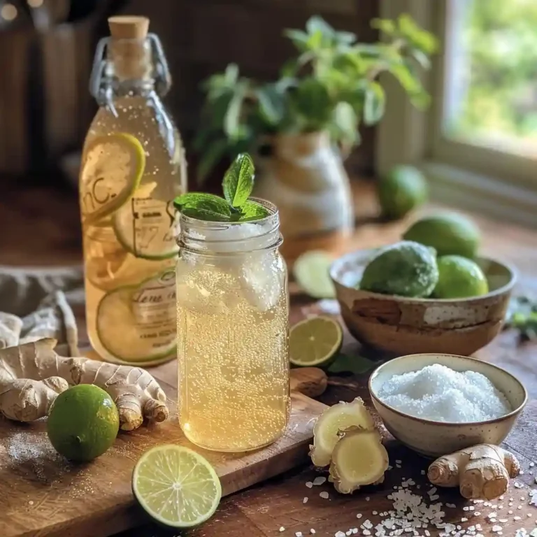 Probiotic ginger-lime soda in a tumbler with mint and a swing-top bottle, with ginger bug jar and ingredients around