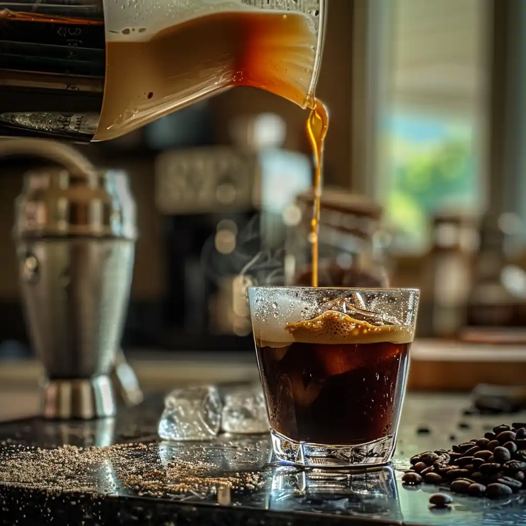 Pulling a fresh espresso shot next to a cocktail shaker of ice and aquafaba for a non alcoholic espresso martini
