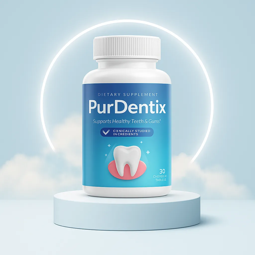 PurDentix bottle on a glowing round platform with a sky-blue cloudy background
