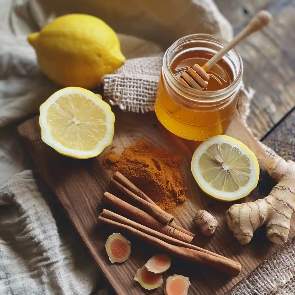 honey recipe for brain fog, cinnamon, turmeric, lemon, and ginger displayed on a wooden board