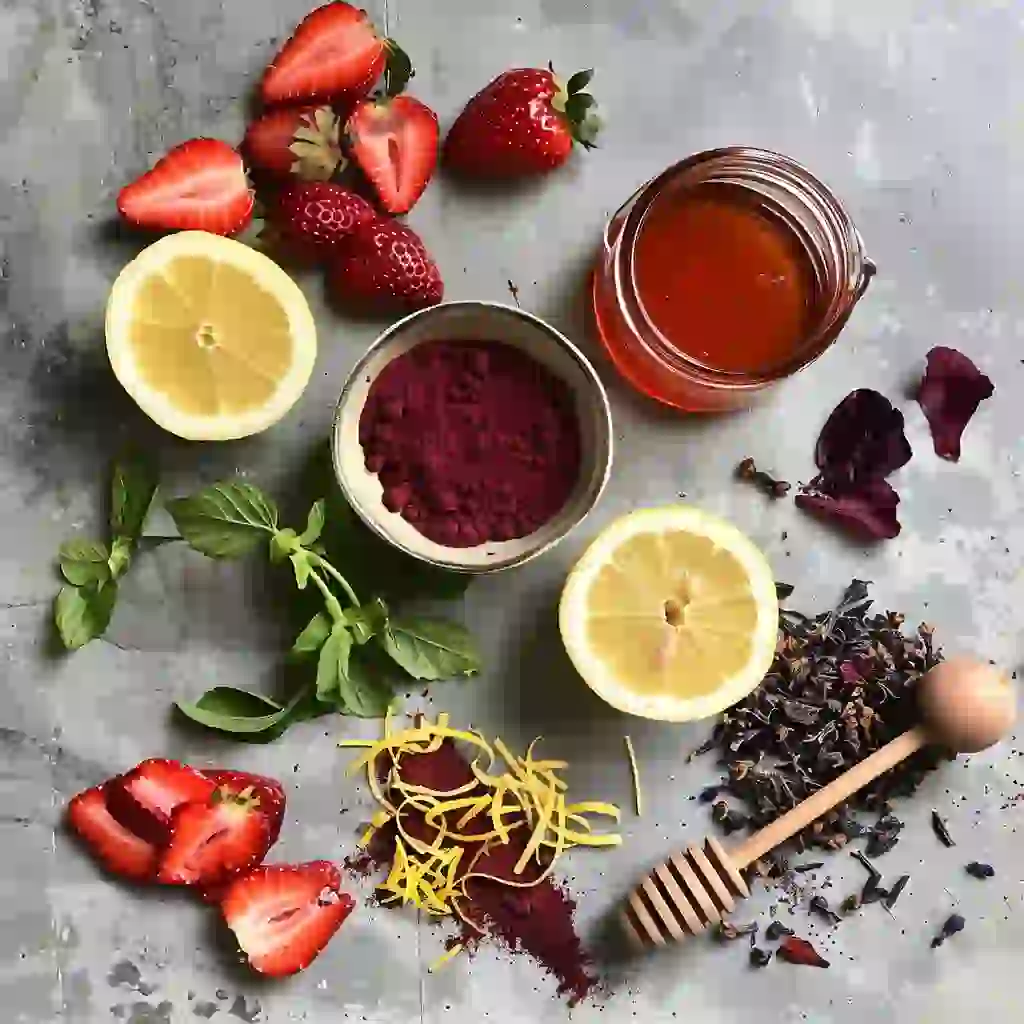 red honey trick , fresh strawberries, beetroot powder, and hibiscus on a kitchen counter