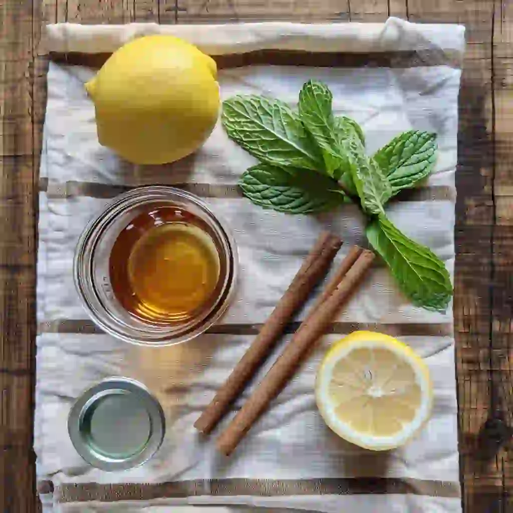 honey trick recipe for memory, lemon, cinnamon, and mint displayed on a kitchen counter for morning elixir