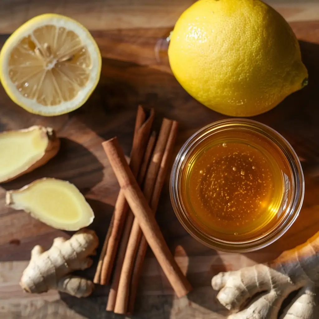 the honey trick recipe -Raw honey, lemon, ginger, and cinnamon laid out on a wooden counter