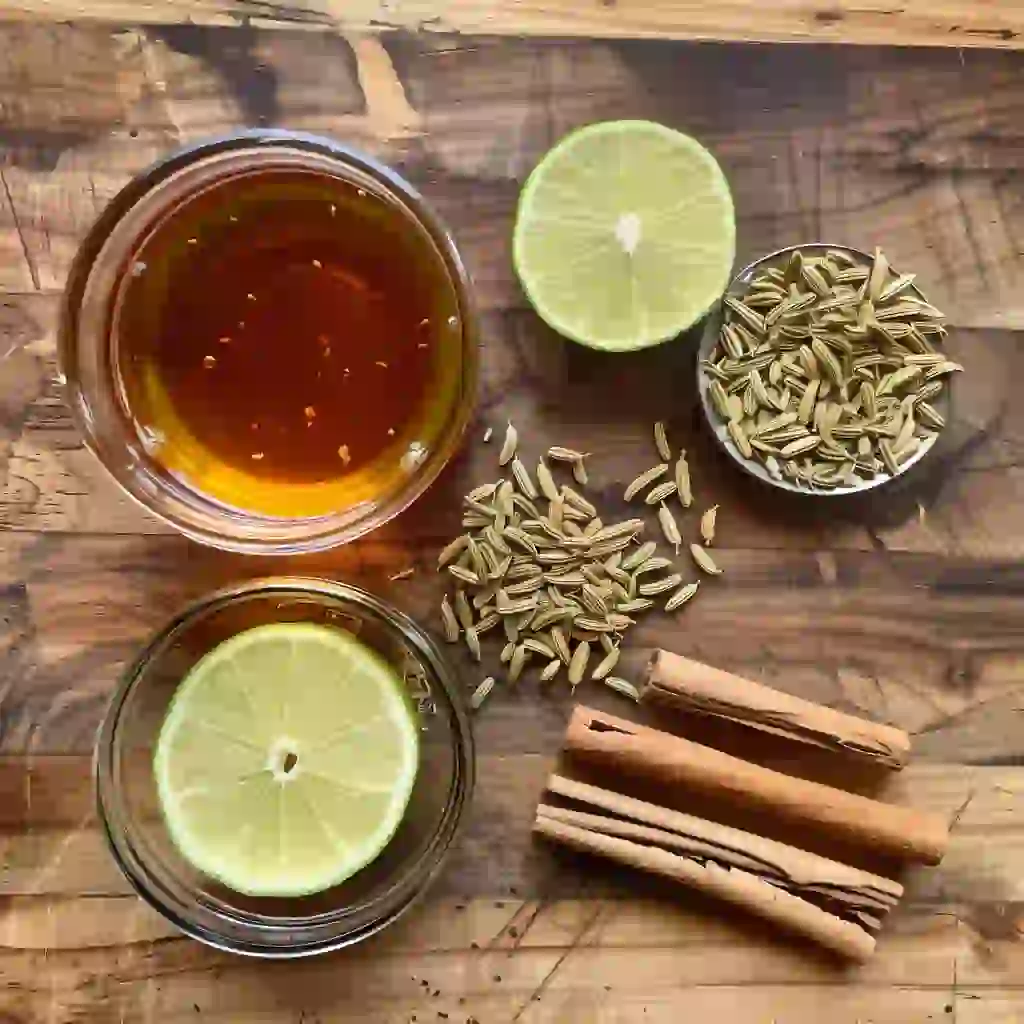 brazilian honey trick recipe, lime, fennel seeds, cinnamon, and warm water on a wooden table