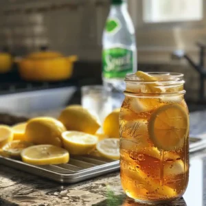 Refreshing tea with Sprite in a glass with ice, mint, and lemon