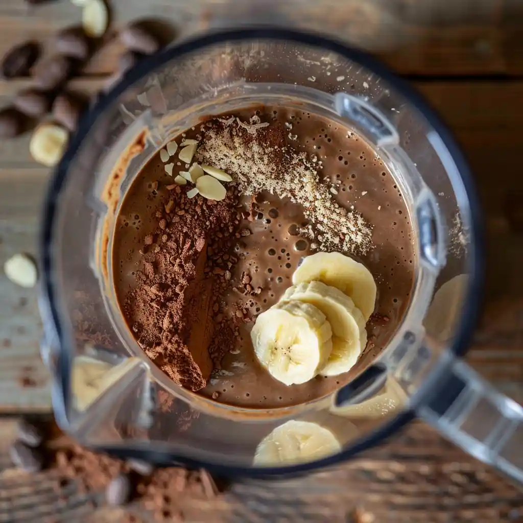 Ryze mocha smoothie ingredients in blender – banana, cocoa powder, almond butter, and Ryze powder mid-blend