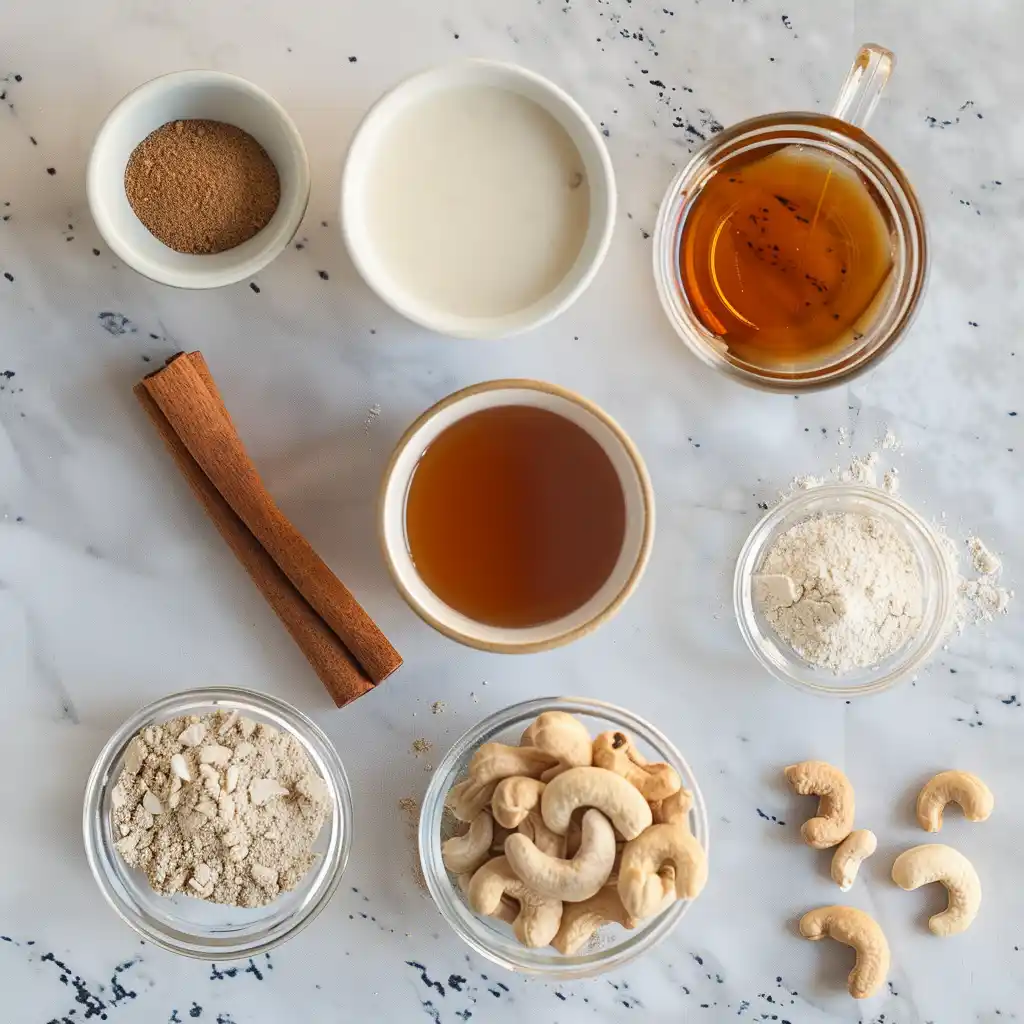 Ryze mushroom coffee recipes ingredients including powder, almond milk, cinnamon, maple syrup, and vanilla pods laid out on a countertop