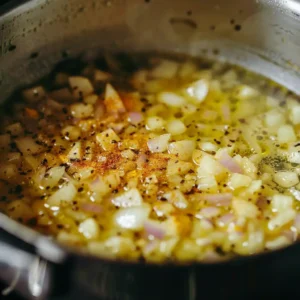 Sautéing onions, garlic, turmeric, and cumin in a pot for detox soup