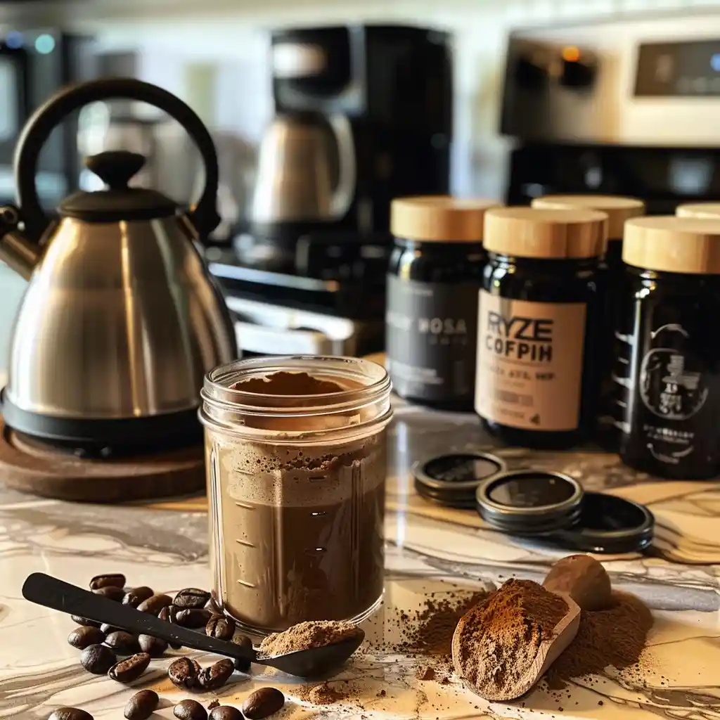 Scooping RYZE mushroom coffee powder into a travel mug with kettle steaming nearby